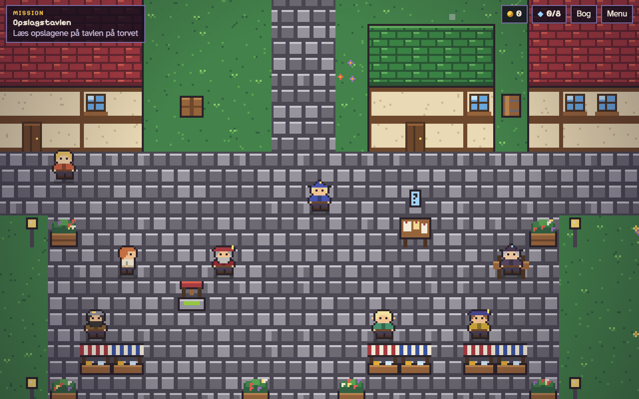 Skærmbillede fra Runeborg: torvet i en hyggelig 8-bit fantasyby med brønd, opslagstavle, markedsboder og byens folk.
